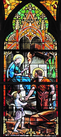 Stained glass depicting the Holy Family, in St. Joseph Church in Salisbury.